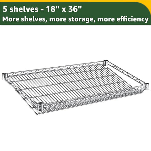 Workhorse Heavy Duty Chrome Shelving Rack Features Twenty Five Clear Slanted Storage Bins 18 By 36 By 74 Inch Metal Wire Utility Frame For Garage Tool Stashing And Warehouse Bin Organization Holding Six Hundred Pounds 5-shelf chrome wire rack at 18x36 inches.