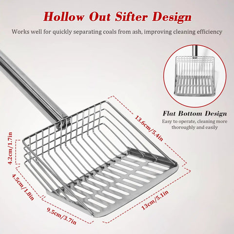Heavy Duty Fireplace Ash Shovel With Adjustable Three Section Handle for easy sifting in fire pit or wood stove, showing sifter design.