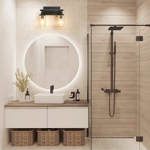 2 Light Black Bathroom Vanity Light Fixture Industrial Farmhouse Wall Sconce With Glass Mason Jar Shades Pipe Wall Lamp above round mirror