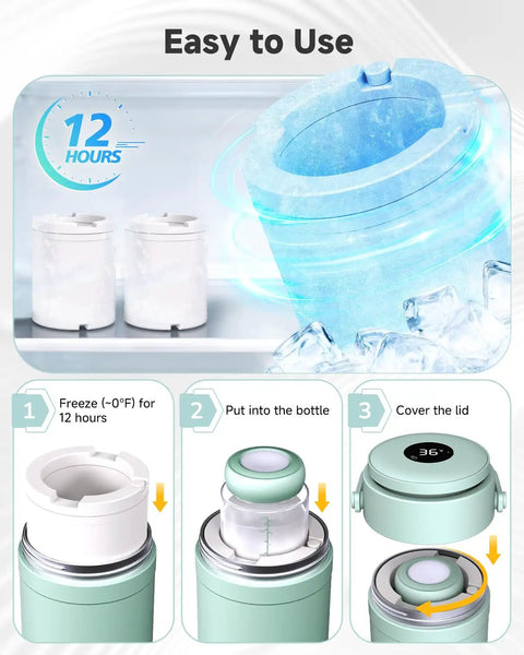 Portable Breast Milk Cooler With Smart Temp Gauge And 20 Oz Leak Proof Travel Bag For Moms And Dads showing usage steps for cooling.