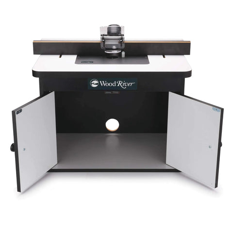 Heavy Hitter Benchtop Router Table Decked Out With A Beefy 24 Inch Laminate Top and spacious open storage.