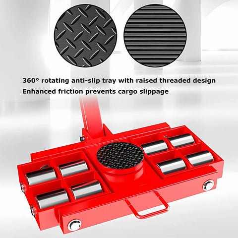 Heavy Duty Machine Dolly Skate 16 Ton Capacity Universal Rotating Equipment Mover for Industrial Transport Steel Wheel Skates for Warehouse and Workshop Precise X and Y Directional Control One Piece Cast Steel Frame, red anti-slip tray