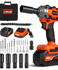 Heavy Hitter One Half Inch Cordless Impact Wrench Boasts 405 Ft Lbs Raw Torque With Silent Brushless Motor And 2800 Rpm Kick Comes Loaded With Fast Charge Battery For Legit Shop Grind And Weekend Builds, showcasing cordless wrench, battery, and socket set.