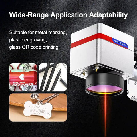 Ultra Wide 300x300mm F-Theta Scan Lens for 1064nm Fiber Laser With 430mm Focal Length And M85 Thread, shown with marking applications