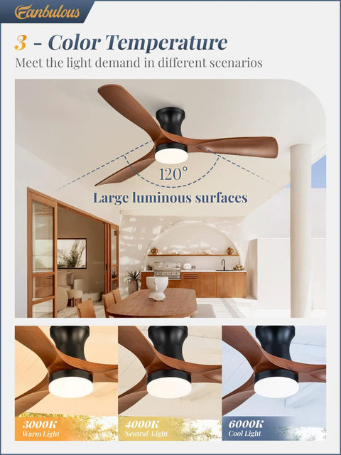 52 Inch Ceiling Fan With Lights Low Profile Flush Mount Remote Control And Timer in a modern interior with wood blades
