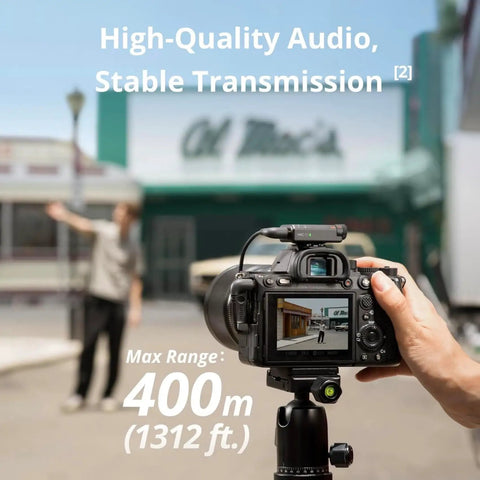 Photographer using DSLR with Small But Mighty Wireless Lavalier Microphone System for iPhone, Android, and Cameras outdoors.