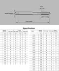 Quarter Inch Twenty UNC Spiral Point Threading Taps Set Of Ten diagram showing dimensions and specifications on chart