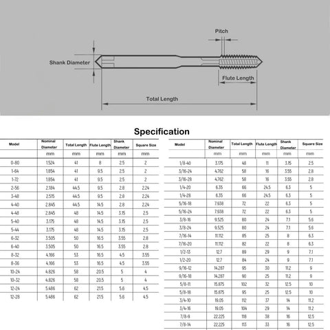 Quarter Inch Twenty UNC Spiral Point Threading Taps Set Of Ten diagram showing dimensions and specifications on chart