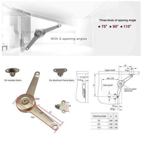 Soft Close Cabinet Lid Stay Hinge For Kitchen Wardrobe Cupboard Door Open Upward Or Downward With Adjustable Tension Lightweight Version No Fuss Install Durable Friction Lock For Smooth Silent Closing, showing design, dimensions, and opening angles.