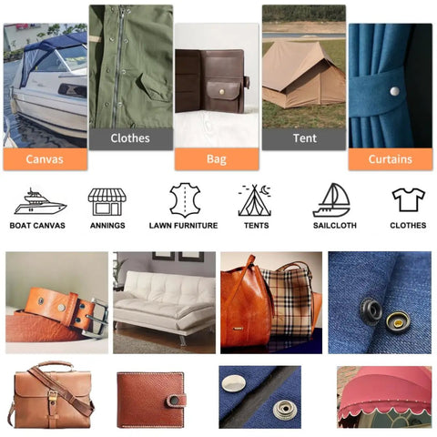 Heavy Duty Snap Button Kit With 100 Sets Of 15mm Metal Snaps For Clothing Leather Canvas And Boat Covers Includes Press Stud Tool With Three Dies And Clear Storage Box Four Color Pack Pro Grade displayed with usage examples on canvas, clothes, bags, tents, and curtains.