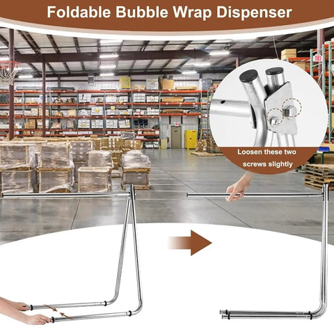 Foldable bubble wrap dispenser shown in a warehouse, supporting Heavy Duty Bubble Cushioning Wrap Stand With Precise Tension Control.