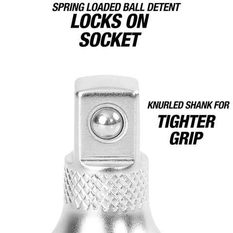 Close-up of 1-3/4 Inch 3/8 Inch Drive Socket Extension Bar For Tight Spaces, chrome steel finish, showing knurled shank and ball detent.