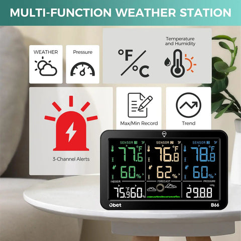 Weather Station With 3 Wireless Indoor Outdoor Sensors Color LCD Display Digital Thermometer And Humidity Monitor on table