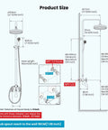Diagram showing measurements of No Fuss All In One Rain Shower Fixture For Bathroom With 8 Inch Round Shower Head, Polished Chrome.