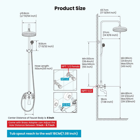 Diagram showing measurements of No Fuss All In One Rain Shower Fixture For Bathroom With 8 Inch Round Shower Head, Polished Chrome.