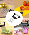 Boss Level Onion Holder And Slicer For Fast, Even Cuts, Non Slip Stainless Steel Tool That Doubles As A Meat Tenderizer, slicing various vegetables