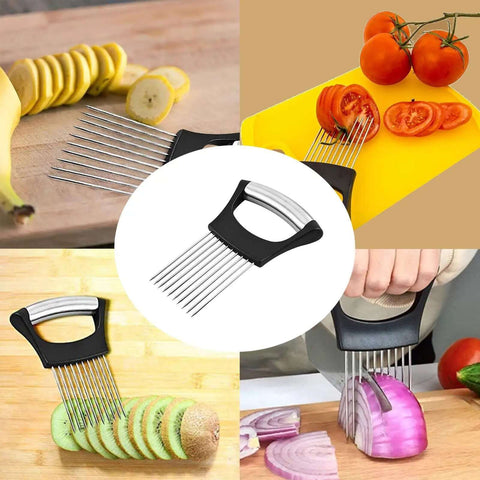 Boss Level Onion Holder And Slicer For Fast, Even Cuts, Non Slip Stainless Steel Tool That Doubles As A Meat Tenderizer, slicing various vegetables