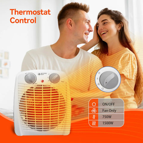 Portable 1500W Space Heater With Adjustable Thermostat And Overheat Protection next to a smiling couple in bright room