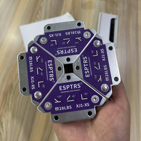 ESPTRS Arrow Welding Magnet, purple metal construction, 28 lb capacity, multi-angle positioning (front view)