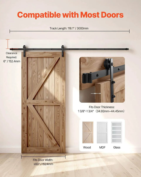 10 Foot Sliding Barn Door Hardware Kit For 60 Inch Wide Doors, 330 Lbs Capacity, 1 To 1.75 Inch Thick, Beefy Carbon Steel Track