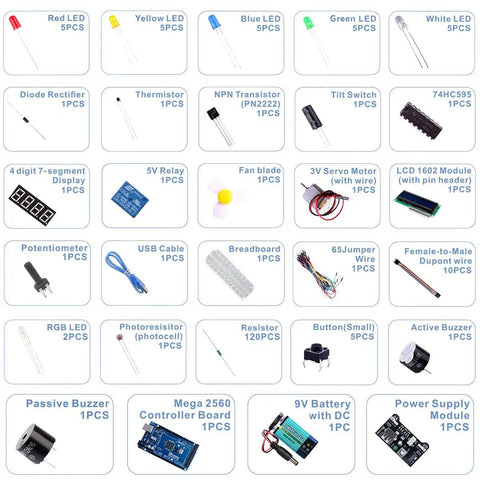 Mega R3 2560 Arduino Compatible Starter Kit With USB Cable Complete Component Pack Beginner Projects And PDF Tutorial Guide Plug And Play Setup For Hands On Makers And Learning Electronics, assorted parts