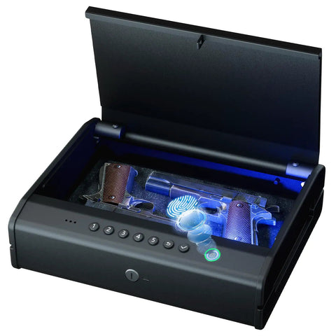 Biometric Gun Safe With Fingerprint Scanner And Raised Backlit Keypad Secures Two To Four Pistols with open lid showcasing handguns inside.