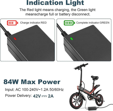 Universal 42V 2A 7-In-1 Charger For 36V Li-Ion Scooters And E-Bikes, showing charge indicators and specifications.