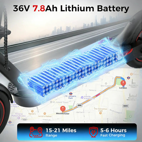 Powerful Electric Scooter For Adults With 500W Peak Motor, showing 36V 7.8Ah battery with 15-21 miles range, city map