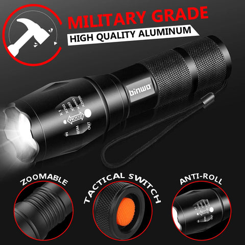 Beefy 3000 Lumens Small LED Flashlights 4 Pack With 5 Modes Zoomable Water Resistant All Weather for outdoor use with tactical switch.