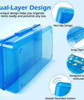 Blue double layer clear hard pencil case with snap tight lid, featuring non-slip design and smooth corners.