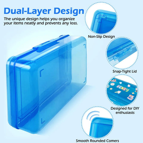 Blue double layer clear hard pencil case with snap tight lid, featuring non-slip design and smooth corners.