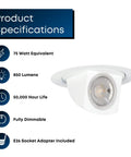Adjustable Five To Six Inch Scoop Recessed LED Downlight Kit, 3000K Bright White, Dimmable, 850 Lumen, product specifications