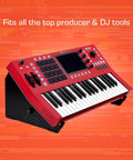 XTS Desktop Stand For Studio Gear Extendable From 11.8 To 20.8 Inches supporting a red DJ controller keyboard on orange background.