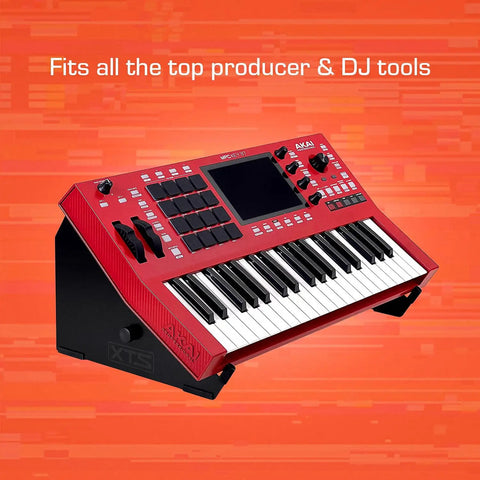 XTS Desktop Stand For Studio Gear Extendable From 11.8 To 20.8 Inches supporting a red DJ controller keyboard on orange background.