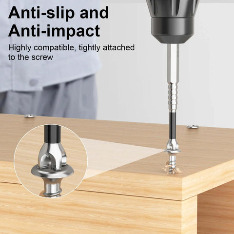 Side view of 12-piece magnetic screwdriver bit set, 25–150 mm, anti-slip, used with drill