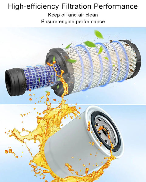Kubota BX Series Tractor Filter Kit high efficiency filters with oil splash illustration ensuring filtration performance