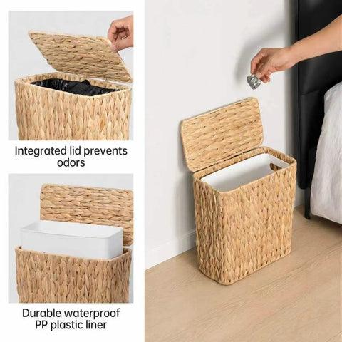Top Notch Water Hyacinth Wicker Trash Can 3 Gallon Super Compact Bathroom Waste Basket With Secure Lid And Removable Liner No Fuss Fit For Tiny Baths And Cramped Rooms