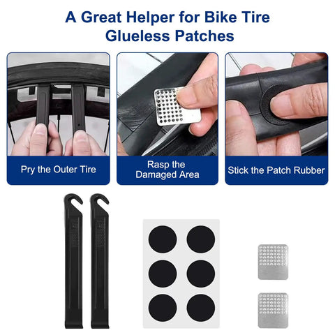2L Waterproof Reflective Bike Frame Storage Bag With 16 In 1 Multitool, Tire Patch Kit steps showing tire pry, rasp, patch application