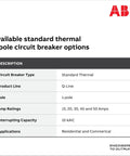 20 Amp Single Pole Circuit Breaker For 120/240 VAC, Thermal Magnetic Plug-On Load Center Protection, 10 kAIC Interrupt Rating, Durable Safety For Residential And Commercial Panels, ABB spec sheet