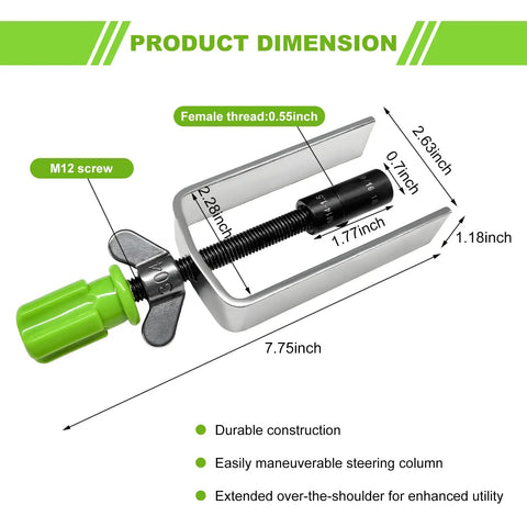 Steering Wheel Lock Plate Remover And Compressor Puller Tool With dimensions and features detailed, green handle