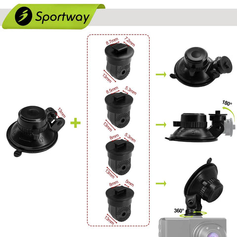 Compact Suction Cup Dash Cam Mount With Four 360 Degree Joints, 5th Gen S504 in detailed exploded view showcasing dimensions