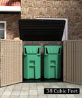 Heavy Duty Outdoor Storage Cabinet For Backyards And Patios Weather Resistant Horizontal Shed With 48 Cu Ft Great For Lawn Mower And Patio Gear All Weather Resin Construction That Will Not Bend Or Break shown storing two green trash bins against a brick wall