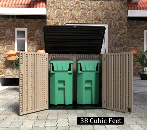 Heavy Duty Outdoor Storage Cabinet For Backyards And Patios Weather Resistant Horizontal Shed With 48 Cu Ft Great For Lawn Mower And Patio Gear All Weather Resin Construction That Will Not Bend Or Break shown storing two green trash bins against a brick wall