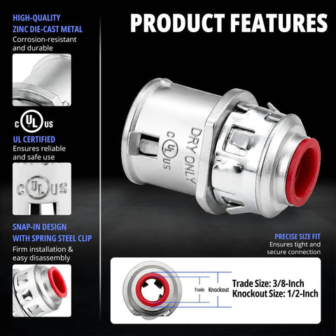 Heavy Duty Third Eighth Inch Zinc Snap In Mc Cable Connector UL Listed showing features and precise fit for wiring.