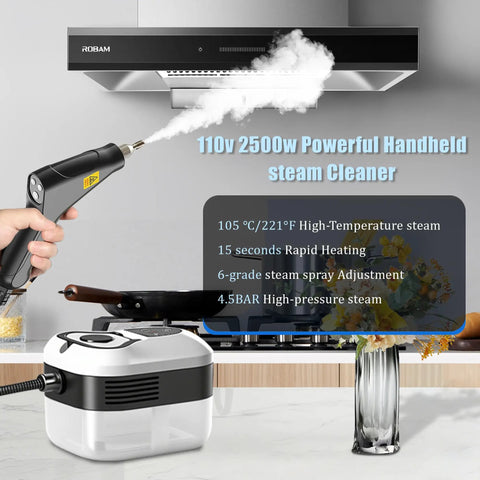 Heavy Duty 2500W Handheld Steam Cleaner with steam nozzle, featuring 110V power, rapid 15 seconds heating for grease removal.