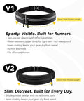 Comparison of two hands free running belts with phone pouch and key clip, showing designs, pocket sizes, and features.