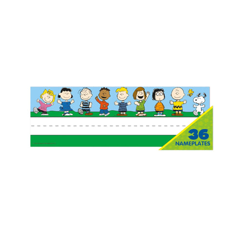 Peanuts Themed Tented Nameplates For Student Desks, 9.5 By 6.5 Inches, 36 Pack with cartoon characters for classroom organization.