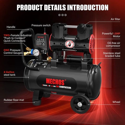 Boss Level Portable 8 Gallon Steel Air Compressor With 1.5 Hp And 2.85 Cfm At 116 Psi features pressure gauges, wheels, and a sturdy handle.