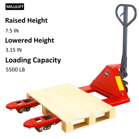 Heavy Duty Manual Pallet Jack With Forty Eight Inch Forks And Five Thousand Five Hundred Pound Capacity Built Like A Tank Using High Strength Steel For Rock Solid Performance On Demanding Warehouse Tasks And Pro Hauling