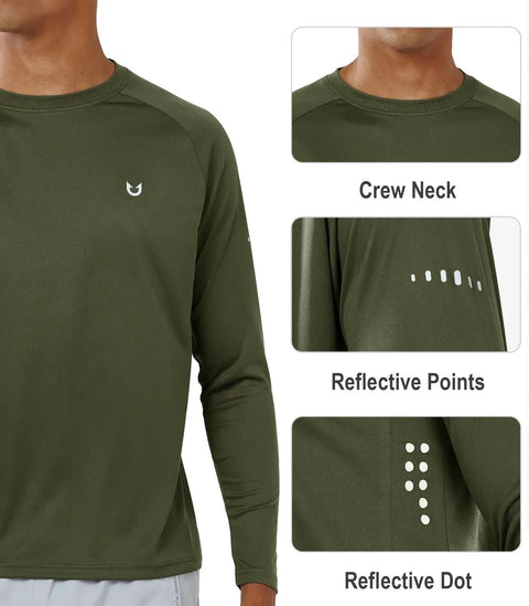 Men's UPF 50+ Sun Protection Rash Guard Long Sleeve Shirt For Running Hiking Fishing And Workouts Army Green 2XL with crew neck and reflective dots